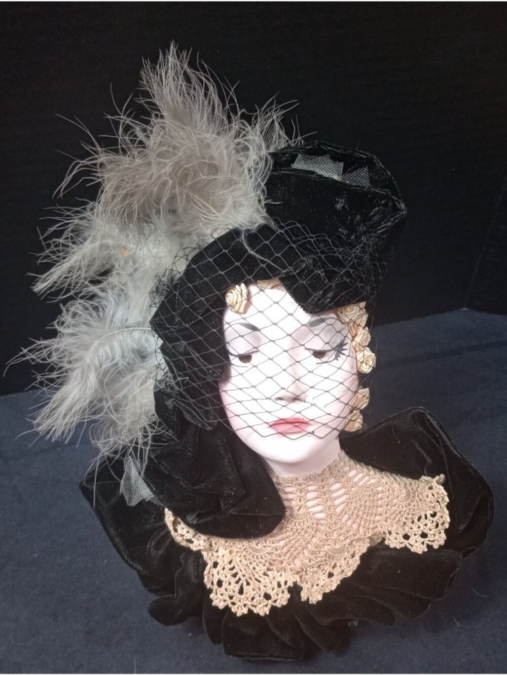 Vintage Hand Painted Ceramic High Fashion Veiled Lady Plaque With Rosettes, Feat